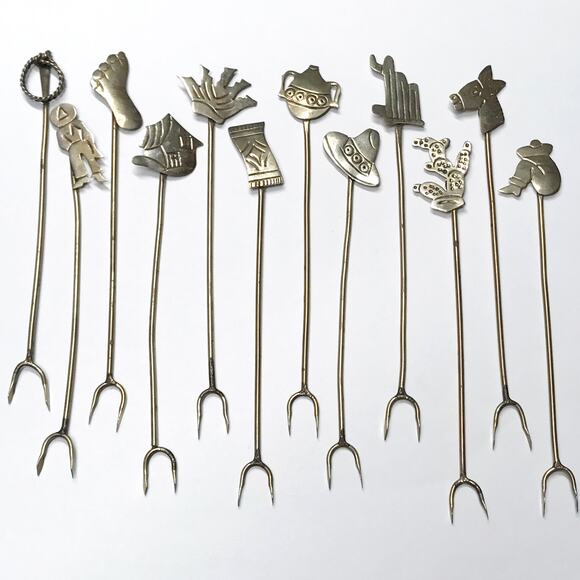 Vintage Other - VTG 12 Vintage Sterling Silver Mexican Appetizer Cocktail Hors D'oeuvres Forks